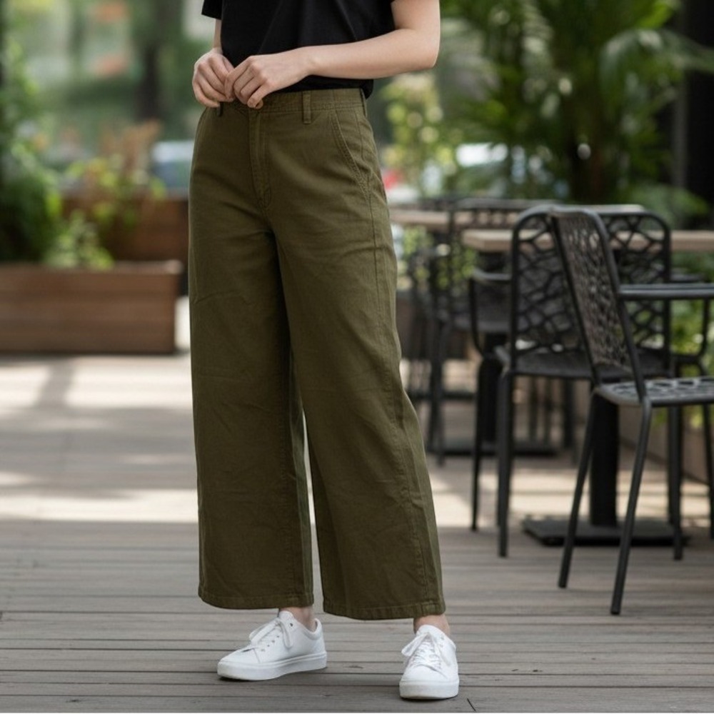 Free People Wide Leg Pants Womens 10 Olive Green High Rise Cotton OB1195597
